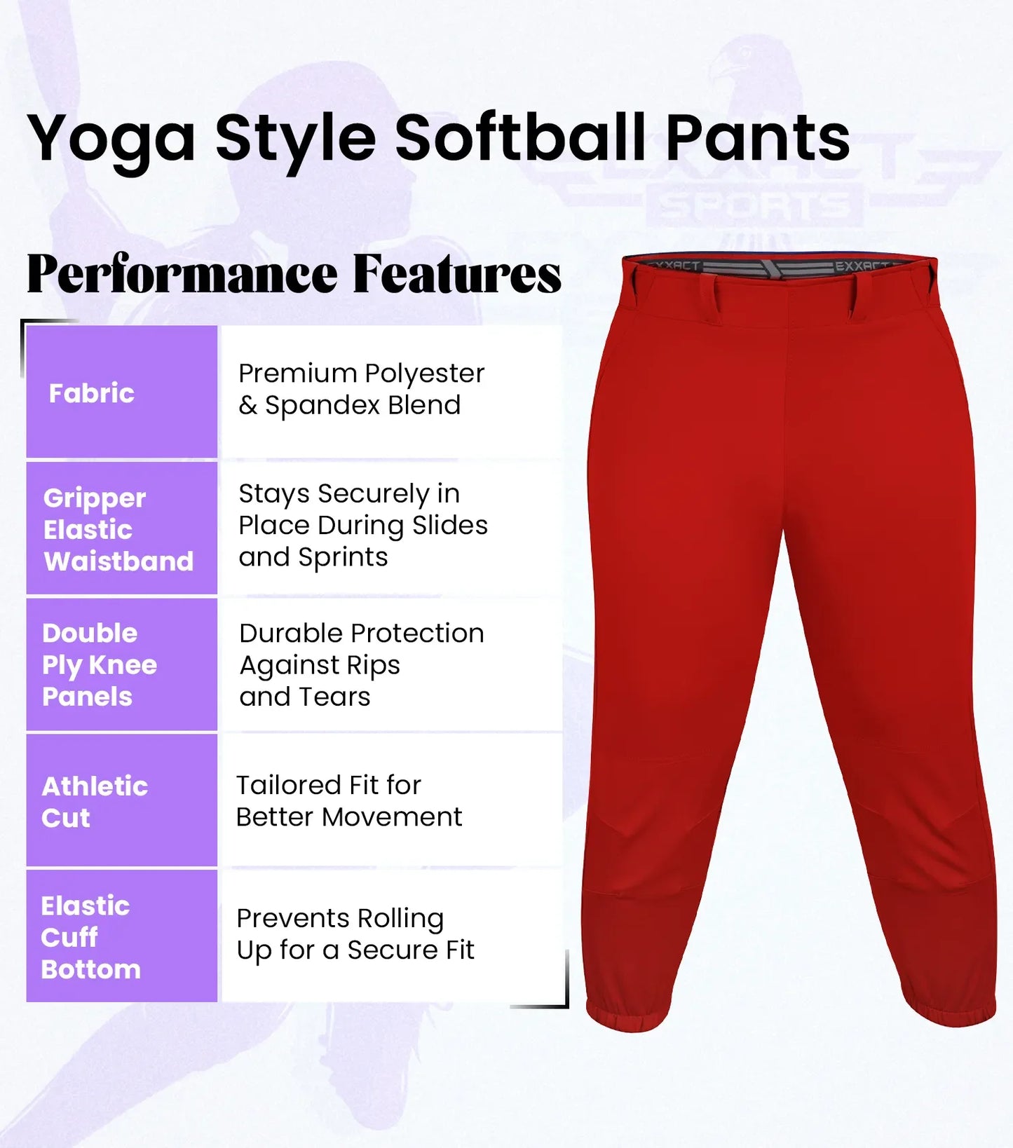 Knicker/Yoga Style Softball Pants For Girls (Red)