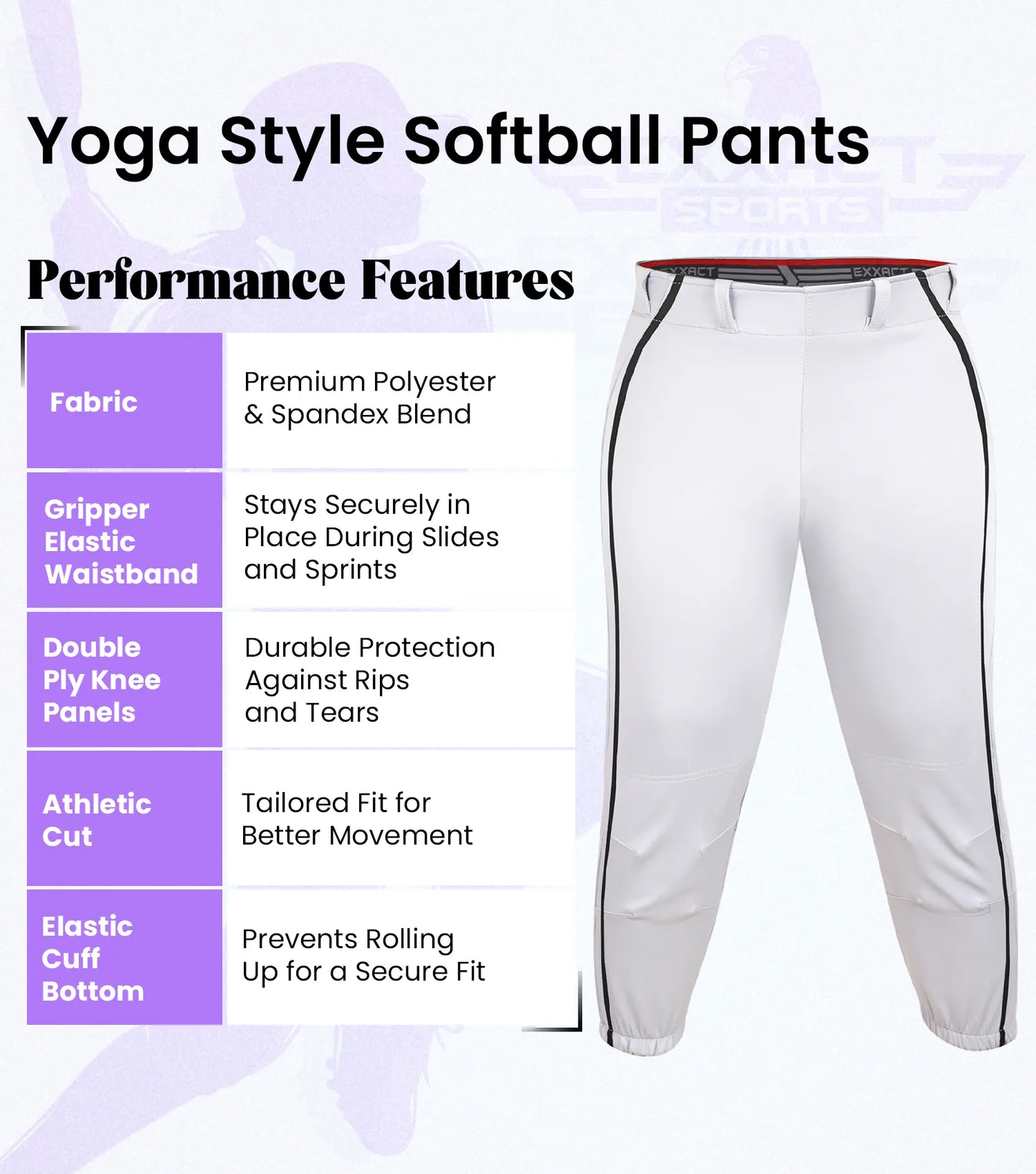 Knicker/Yoga Style Softball Pants For Girls (White/Black)