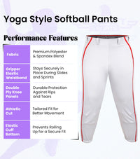 Knicker/Yoga Style Softball Pants For Girls (White/Red)