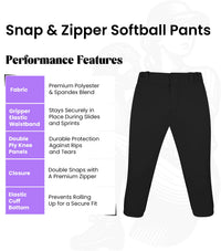 Softball Pants for Women with Snap and Zipper, Elastic Bottom, and Mesh Panels (Black)