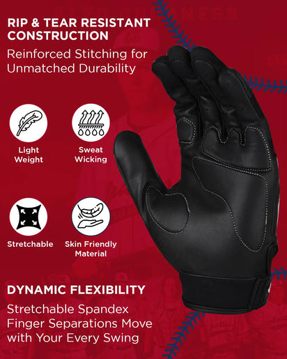 Padded Baseball Batting Gloves for Men & Women (Black)