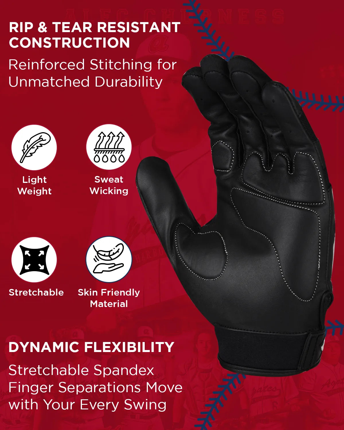 Padded Baseball Batting Gloves for Men & Women (Black)