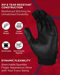 Padded Baseball Batting Gloves for Men & Women (Black)