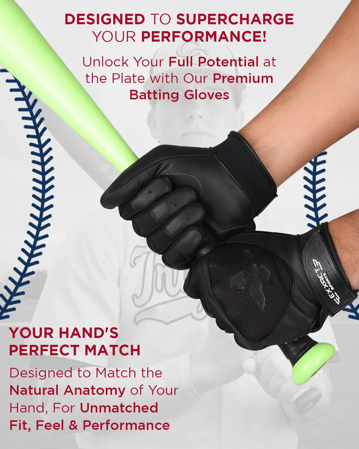 Padded Baseball Batting Gloves for Men & Women (Black)