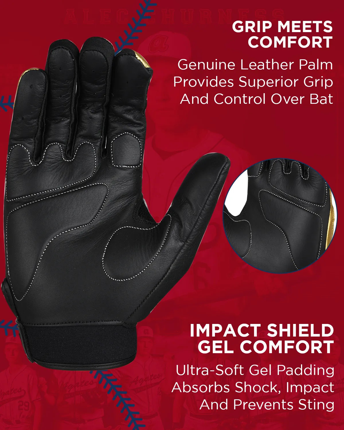 Padded Baseball Batting Gloves for Men & Women (Black/Gold)