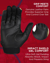 Padded Baseball Batting Gloves for Men & Women (Black/Gold)