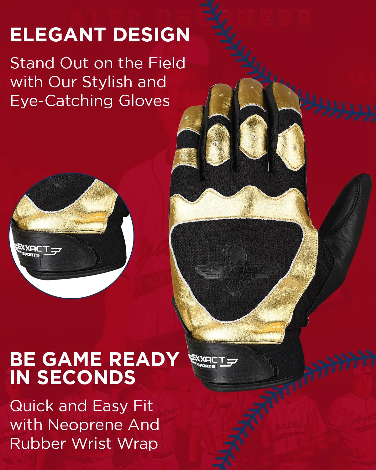 Padded Baseball Batting Gloves for Men & Women (Black/Gold)