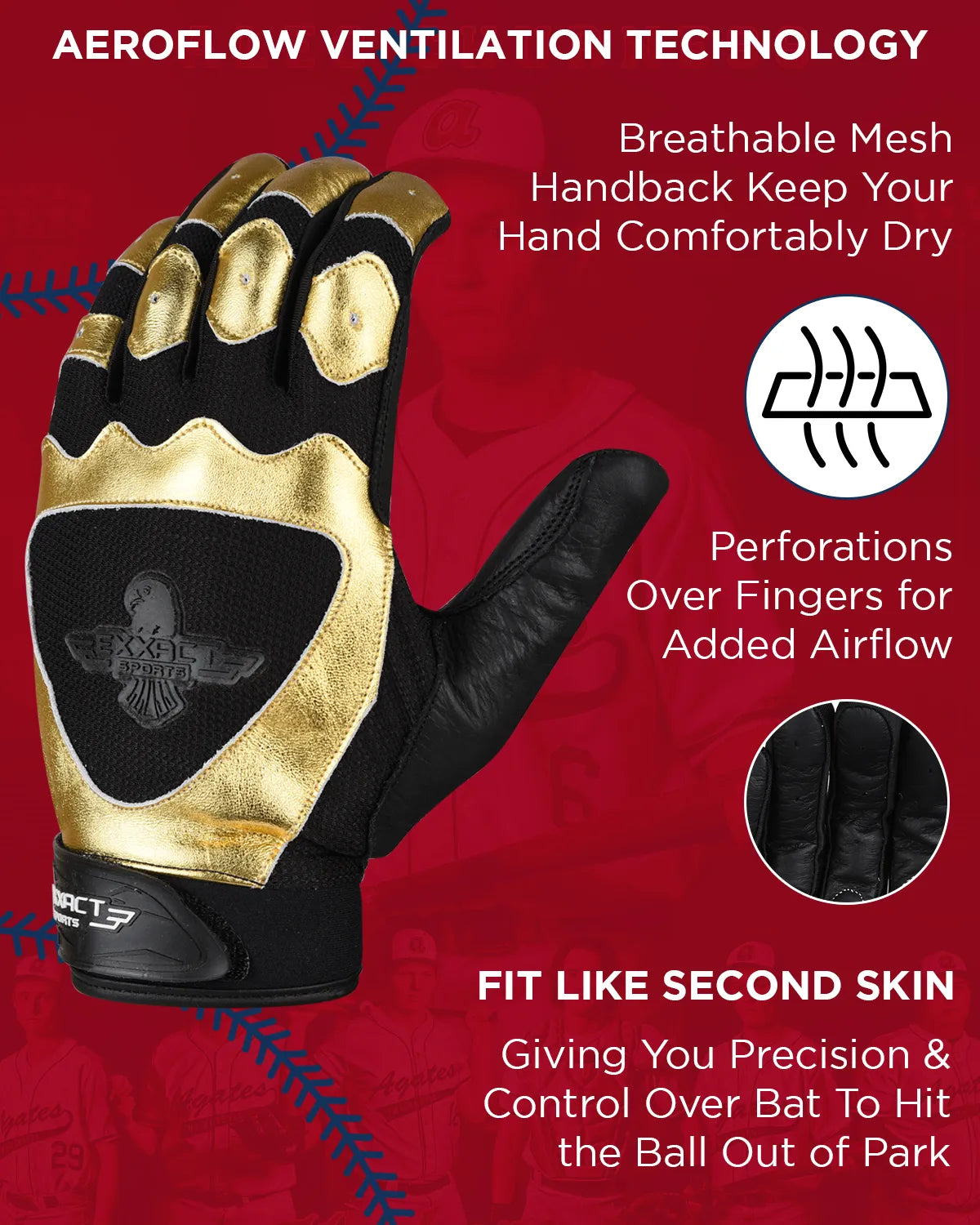 Padded Baseball Batting Gloves for Men & Women (Black/Gold)