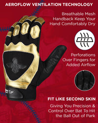 Padded Baseball Batting Gloves for Men & Women (Black/Gold)