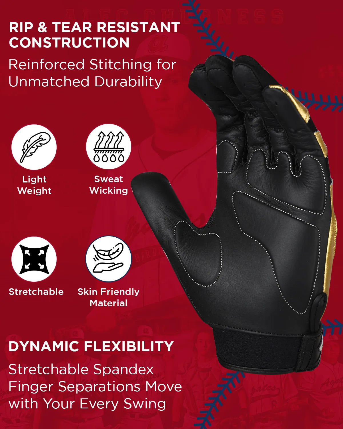 Padded Baseball Batting Gloves for Men & Women (Black/Gold)