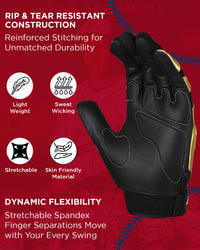 Padded Baseball Batting Gloves for Men & Women (Black/Gold)