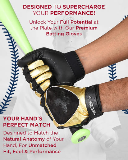 Padded Baseball Batting Gloves for Men & Women (Black/Gold)