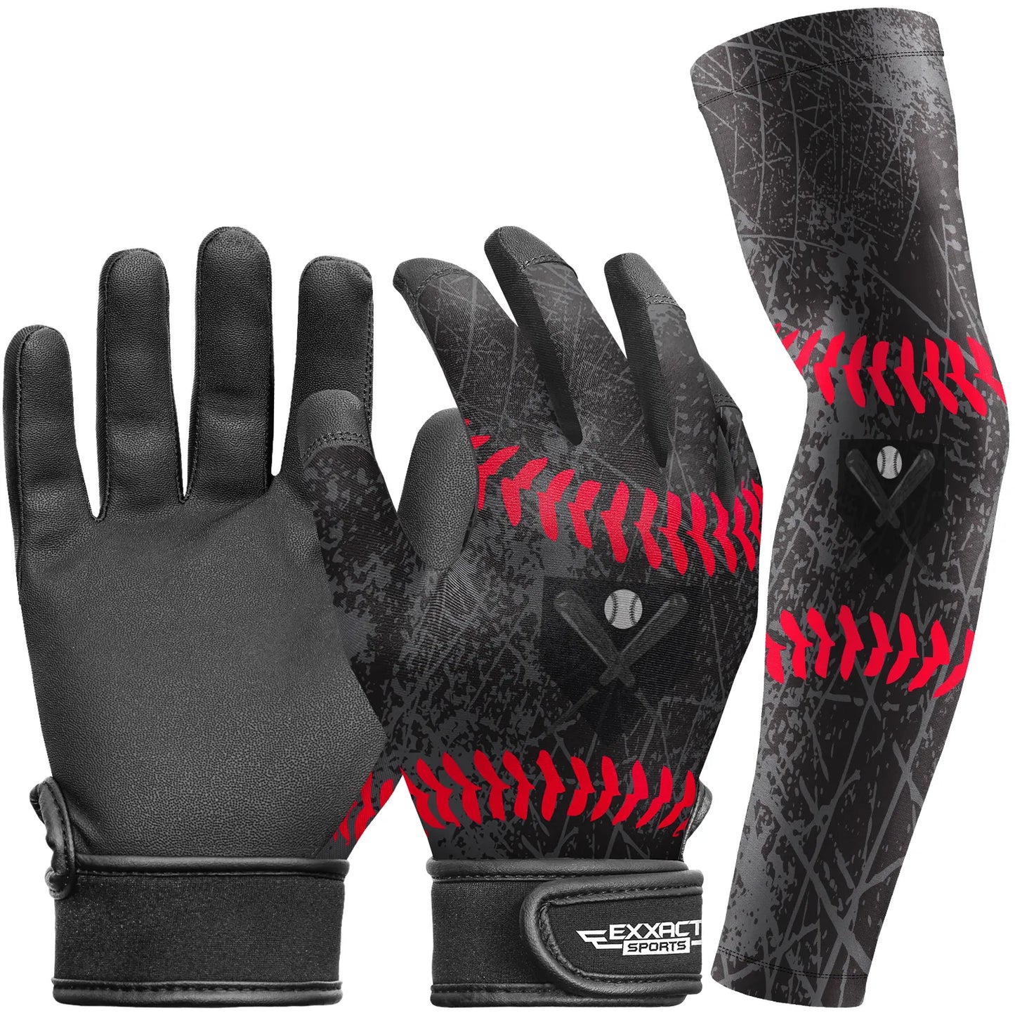 Kids Baseball Batting Gloves with Arm Sleeve (Black)