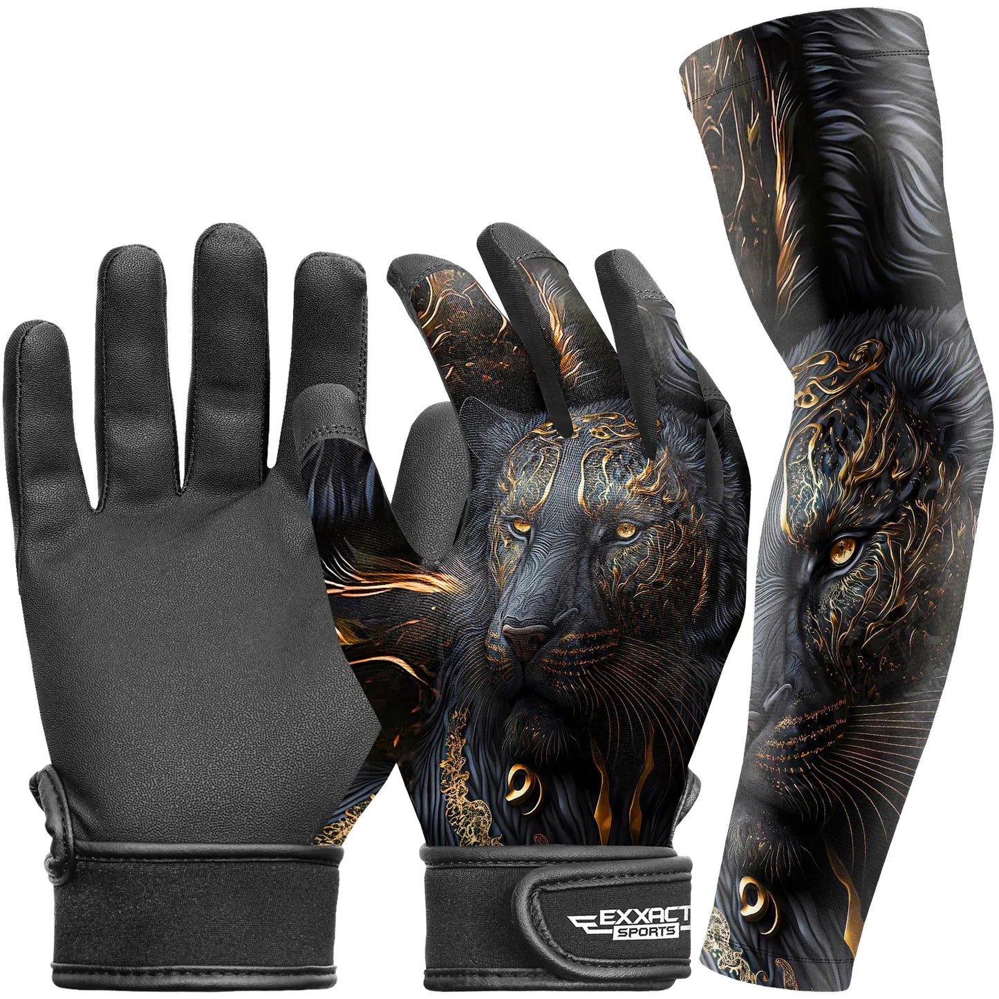 Kids Baseball Batting Gloves with Arm Sleeve (Black Lion)