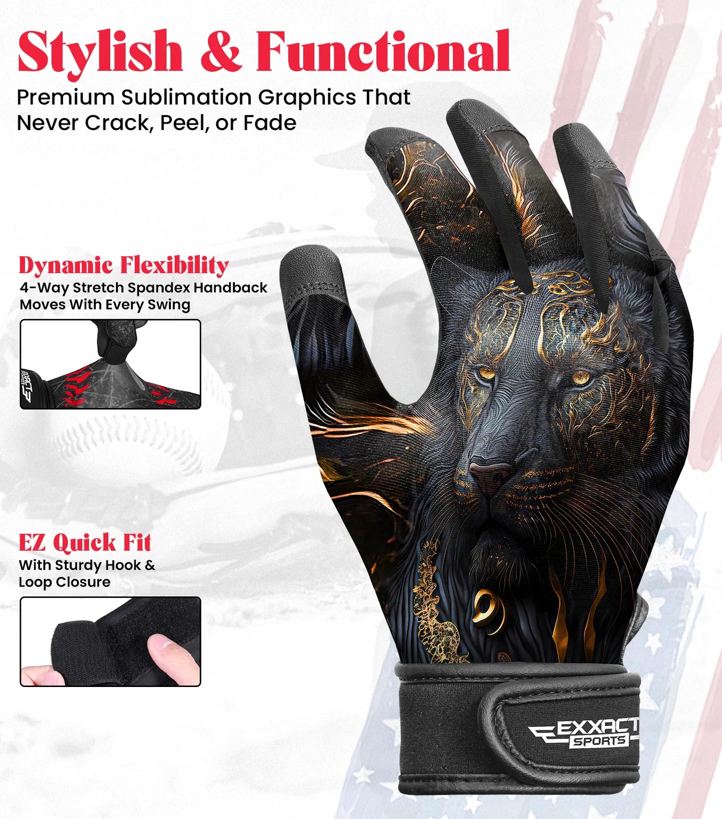 Kids Baseball Batting Gloves with Arm Sleeve (Black Lion)