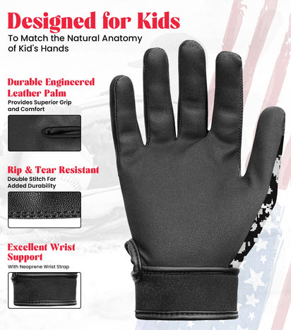 Kids Baseball Batting Gloves with Arm Sleeve (Black/White Camo)