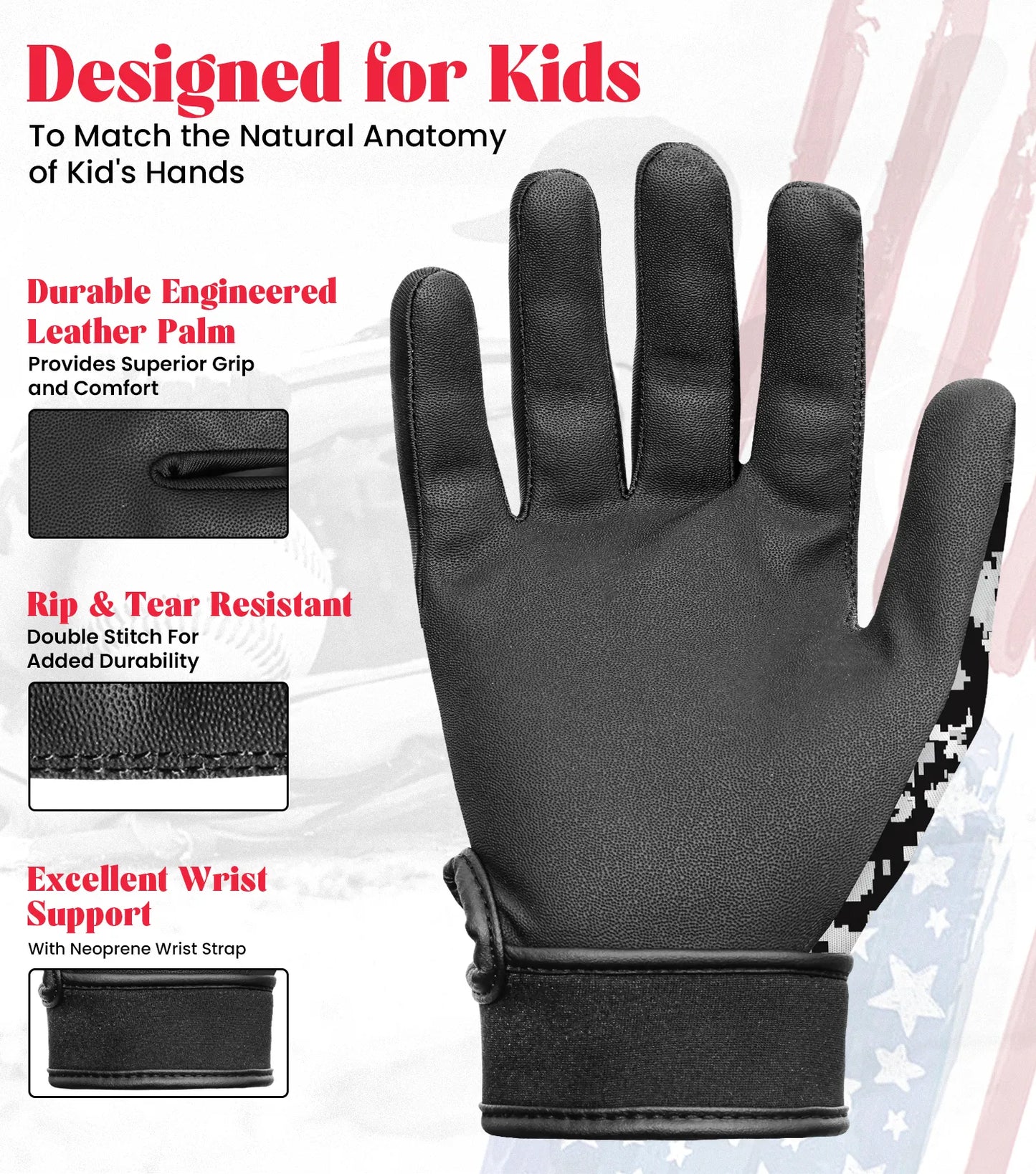 Kids Baseball Batting Gloves with Arm Sleeve (Black/White Camo)