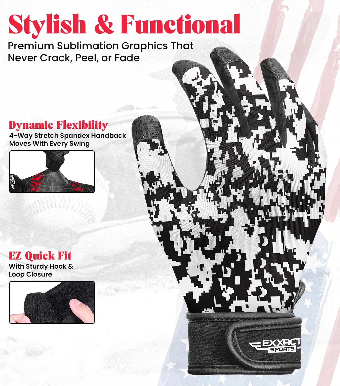 Kids Baseball Batting Gloves with Arm Sleeve (Black/White Camo)