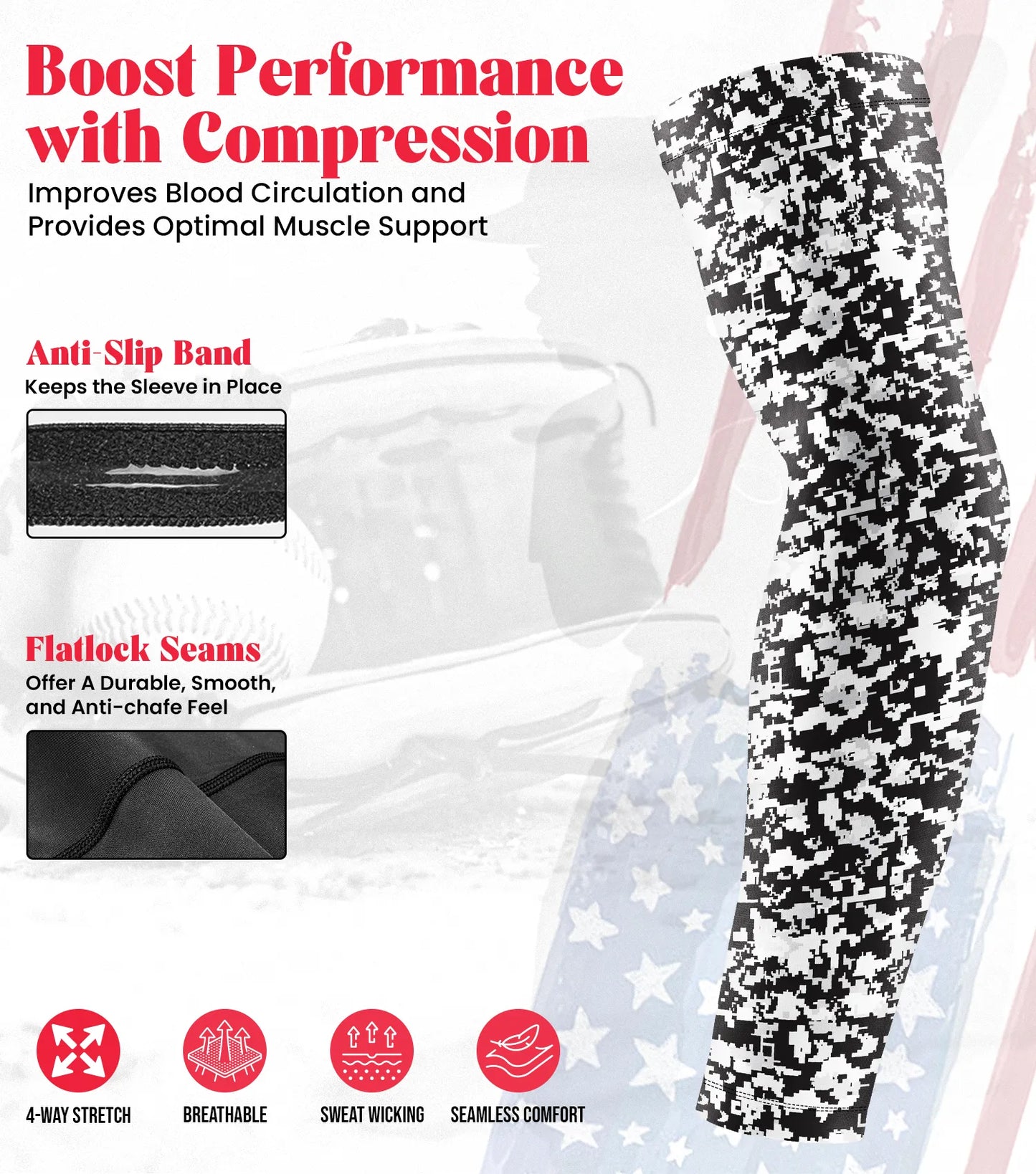 Kids Baseball Batting Gloves with Arm Sleeve (Black/White Camo)