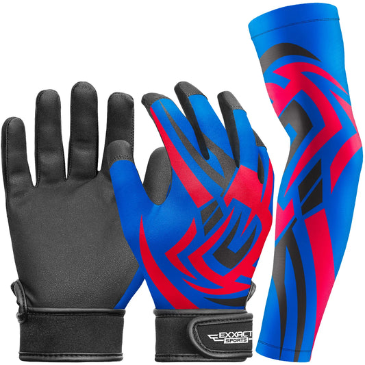 Kids Baseball Batting Gloves with Arm Sleeve (Royal Blue Tattoo)