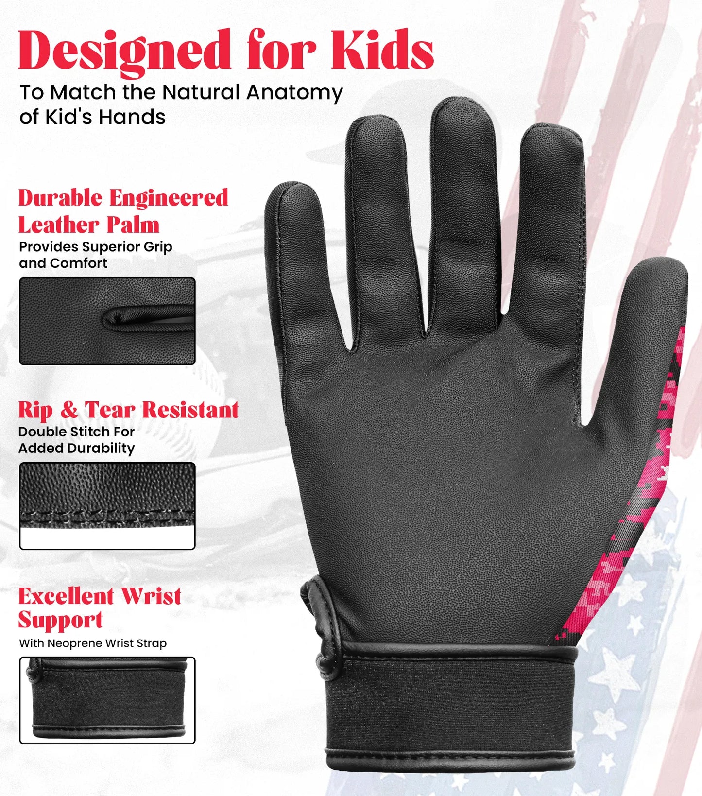 Kids Baseball Batting Gloves with Arm Sleeve (Pink Camo)