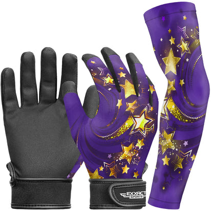 Kids Baseball Batting Gloves with Arm Sleeve (Purple & Gold Stars)