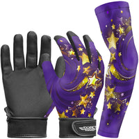 Kids Baseball Batting Gloves with Arm Sleeve (Purple & Gold Stars)