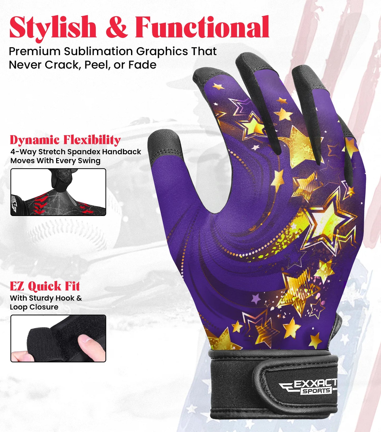 Kids Baseball Batting Gloves with Arm Sleeve (Purple & Gold Stars)