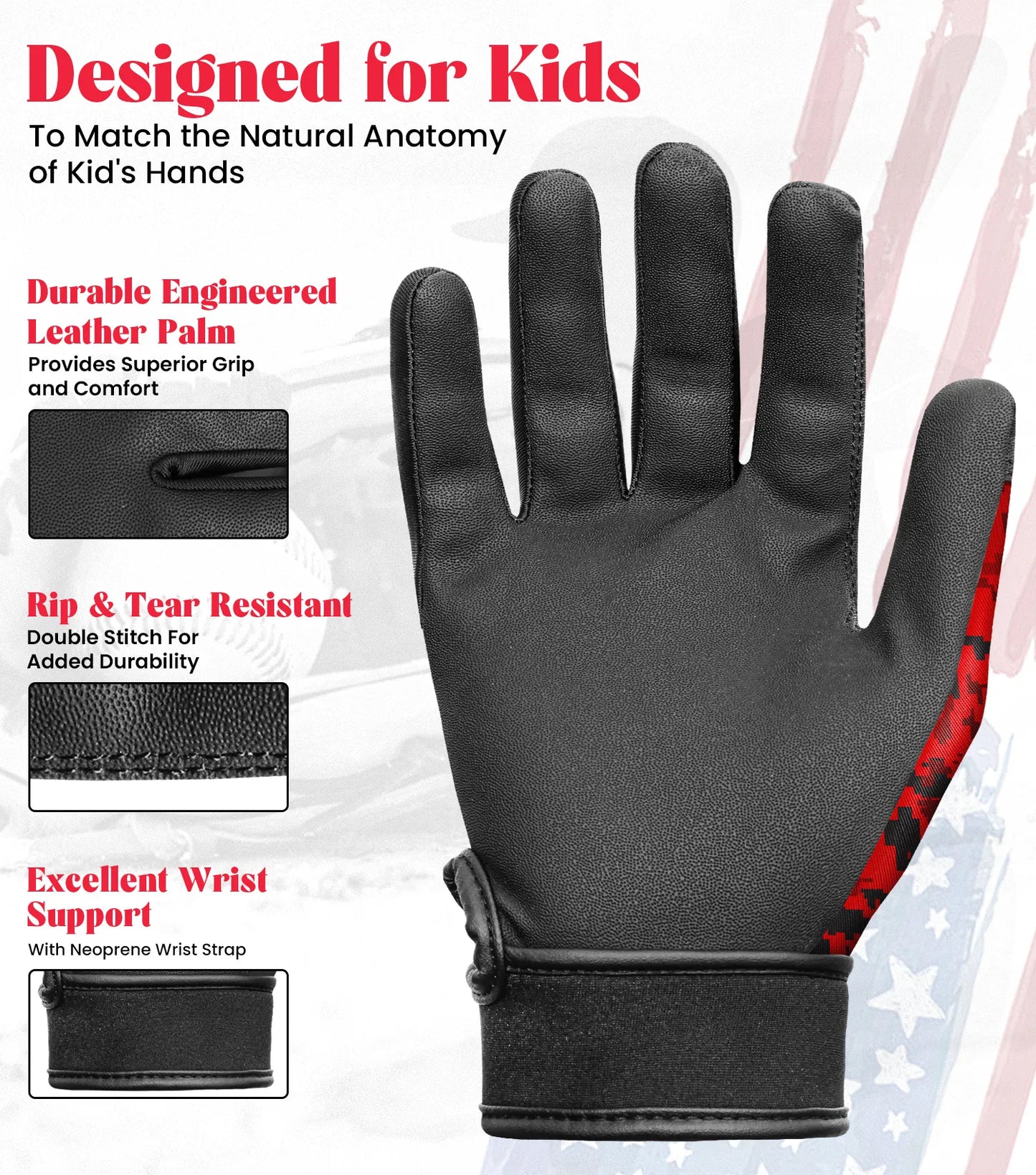 Kids Baseball Batting Gloves with Arm Sleeve (Red Camo)