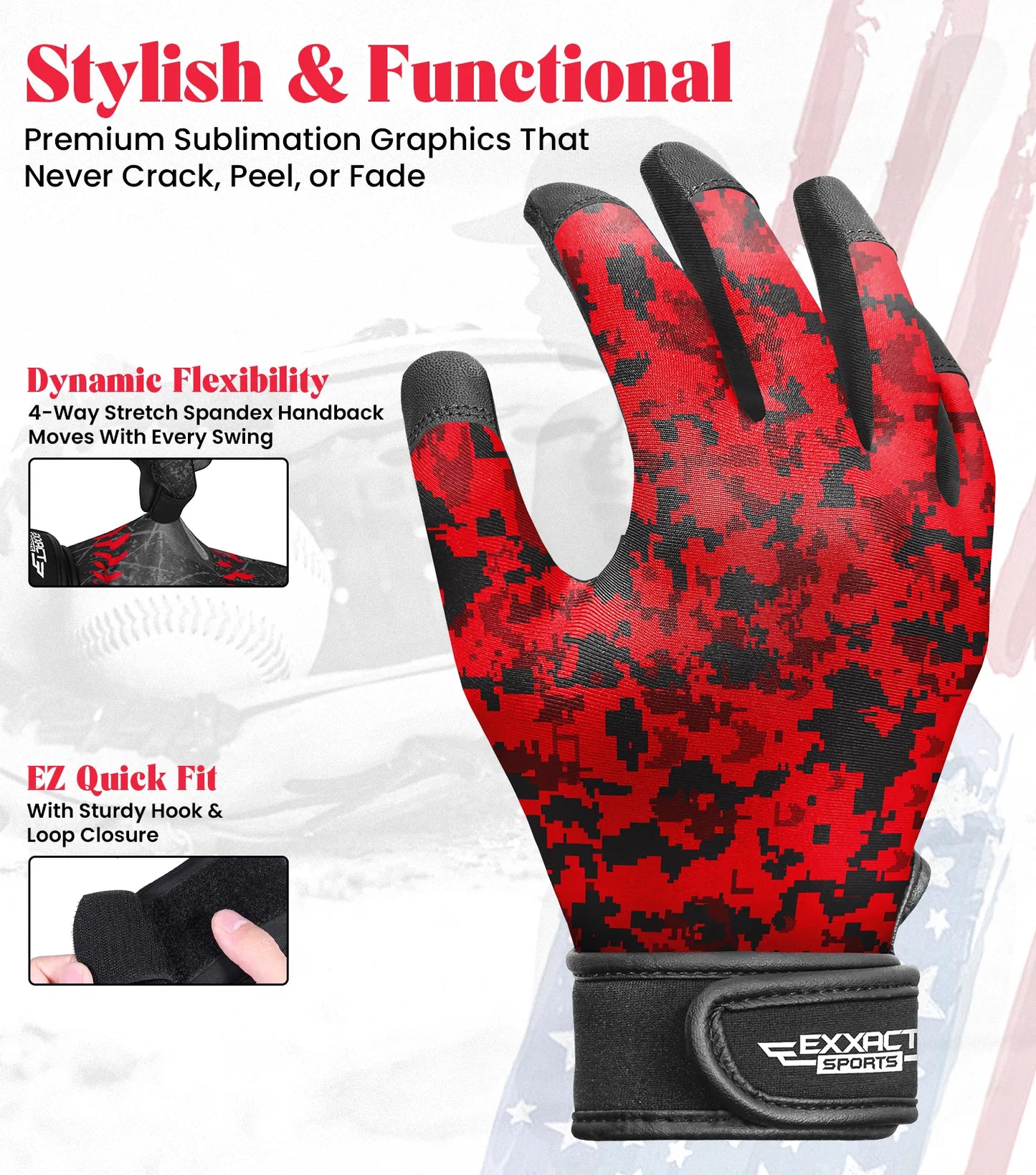 Kids Baseball Batting Gloves with Arm Sleeve (Red Camo)