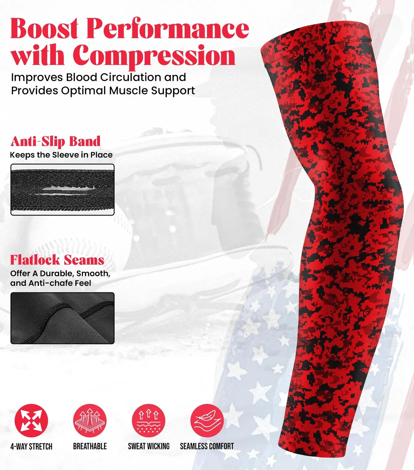 Kids Baseball Batting Gloves with Arm Sleeve (Red Camo)