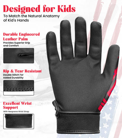 Kids Baseball Batting Gloves with Arm Sleeve (Red Tattoo)