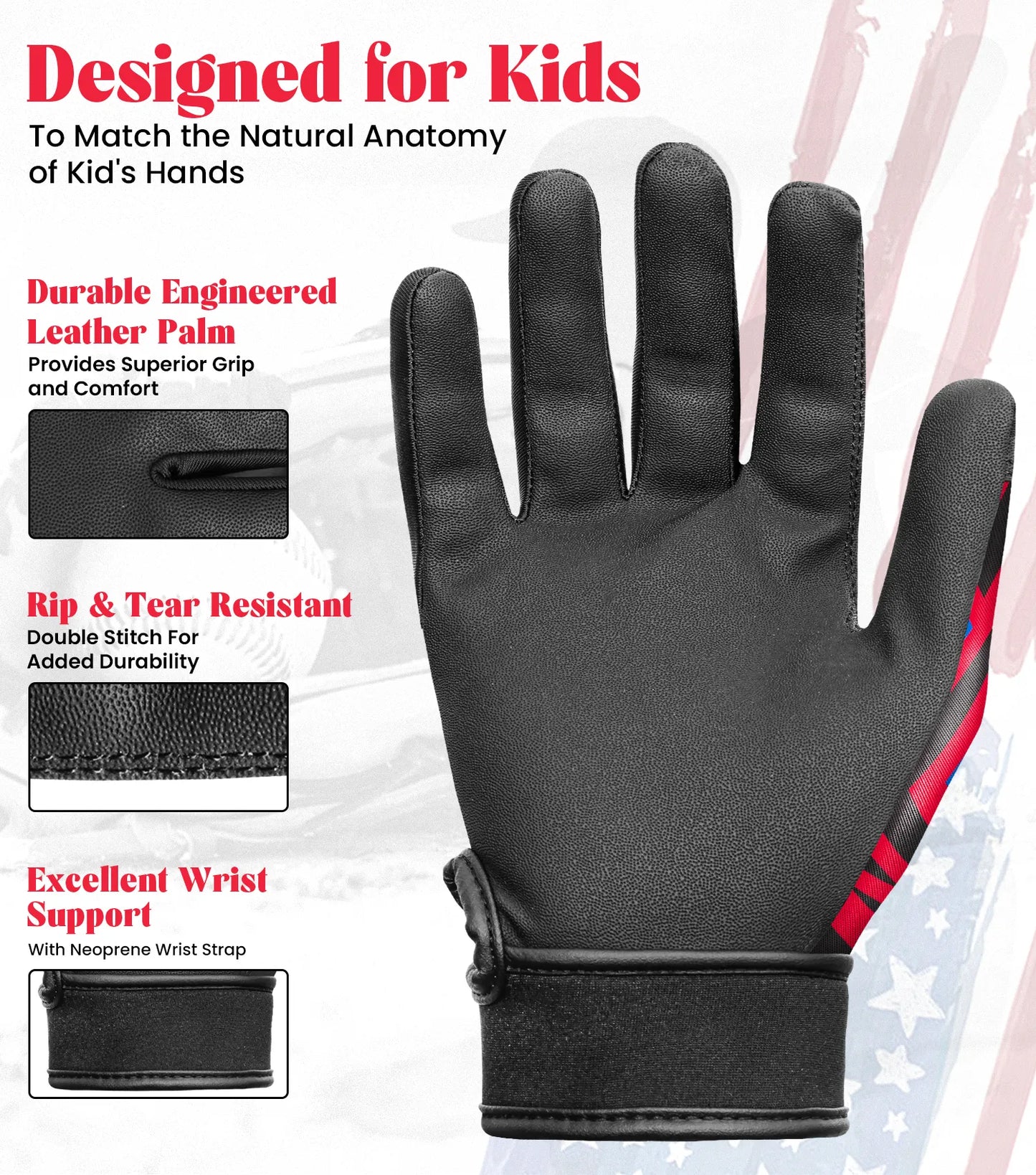 Kids Baseball Batting Gloves with Arm Sleeve (Red Tattoo)