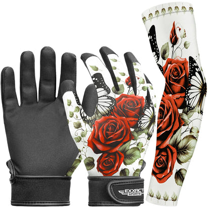 Kids Baseball Batting Gloves with Arm Sleeve (Red Rose)
