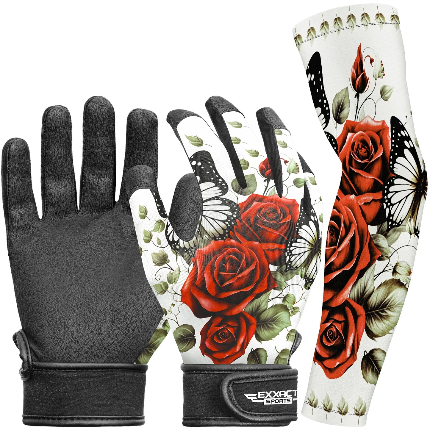 Kids Baseball Batting Gloves with Arm Sleeve (Red Rose)