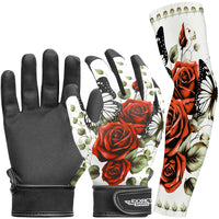 Kids Baseball Batting Gloves with Arm Sleeve (Red Rose)