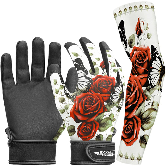 Kids Baseball Batting Gloves with Arm Sleeve (Red Rose)