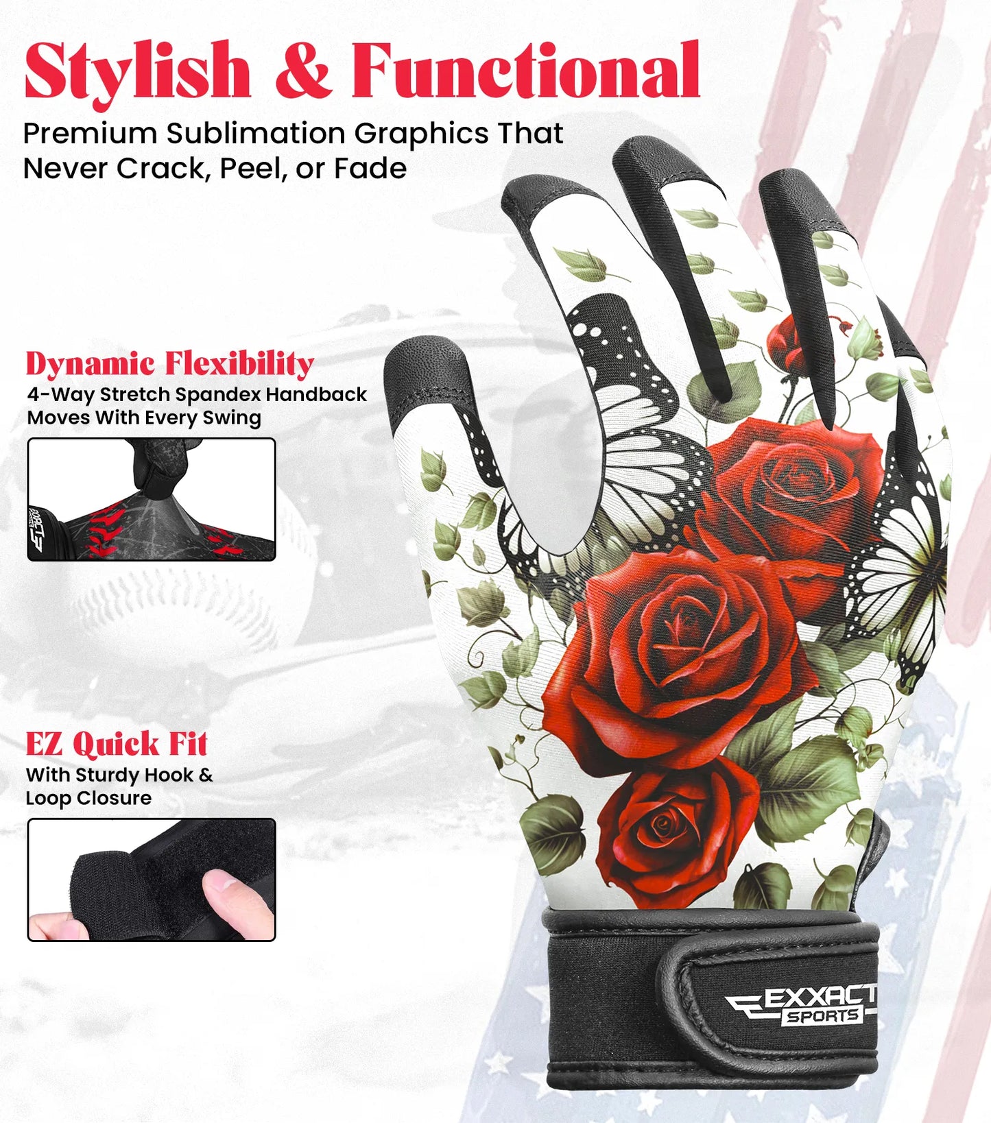 Kids Baseball Batting Gloves with Arm Sleeve (Red Rose)