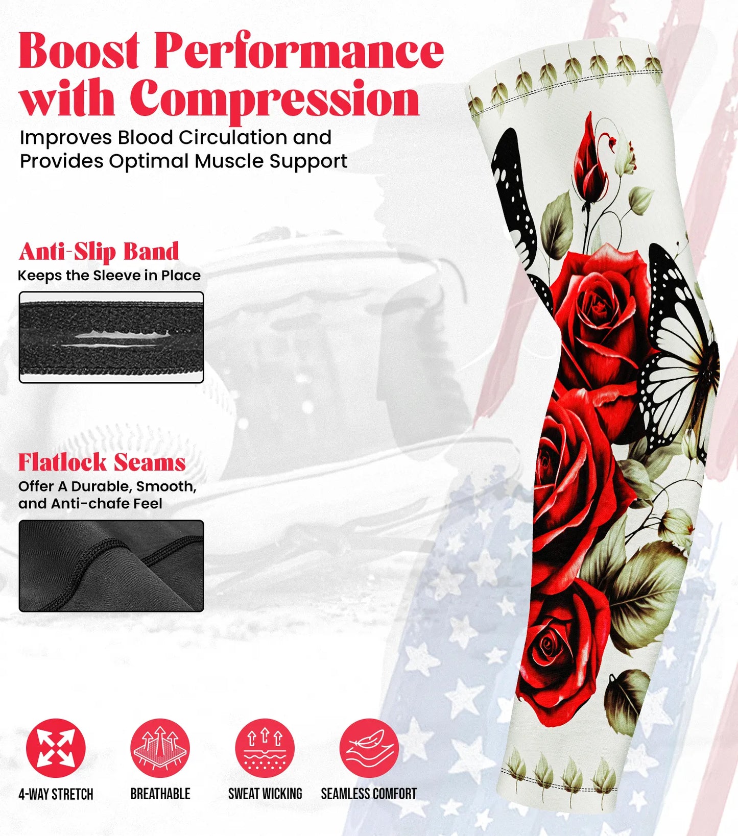 Kids Baseball Batting Gloves with Arm Sleeve (Red Rose)