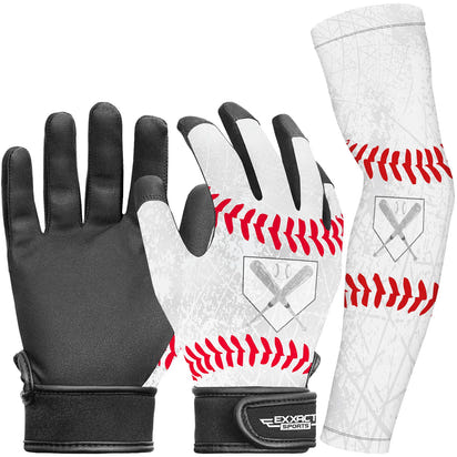 Kids Baseball Batting Gloves with Arm Sleeve (White)