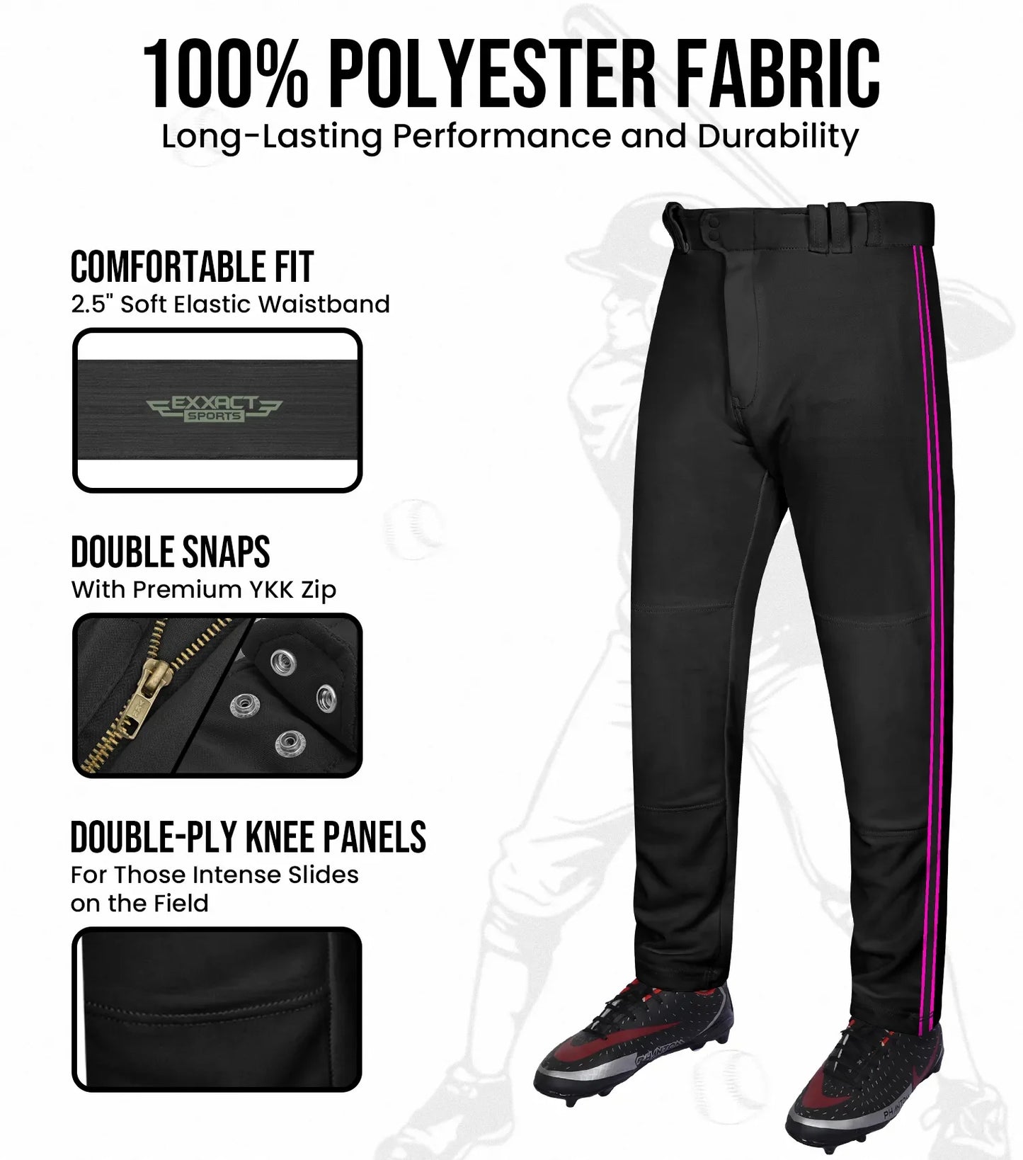 Proline Youth Full Length Baseball Pants with Stripes (Black)