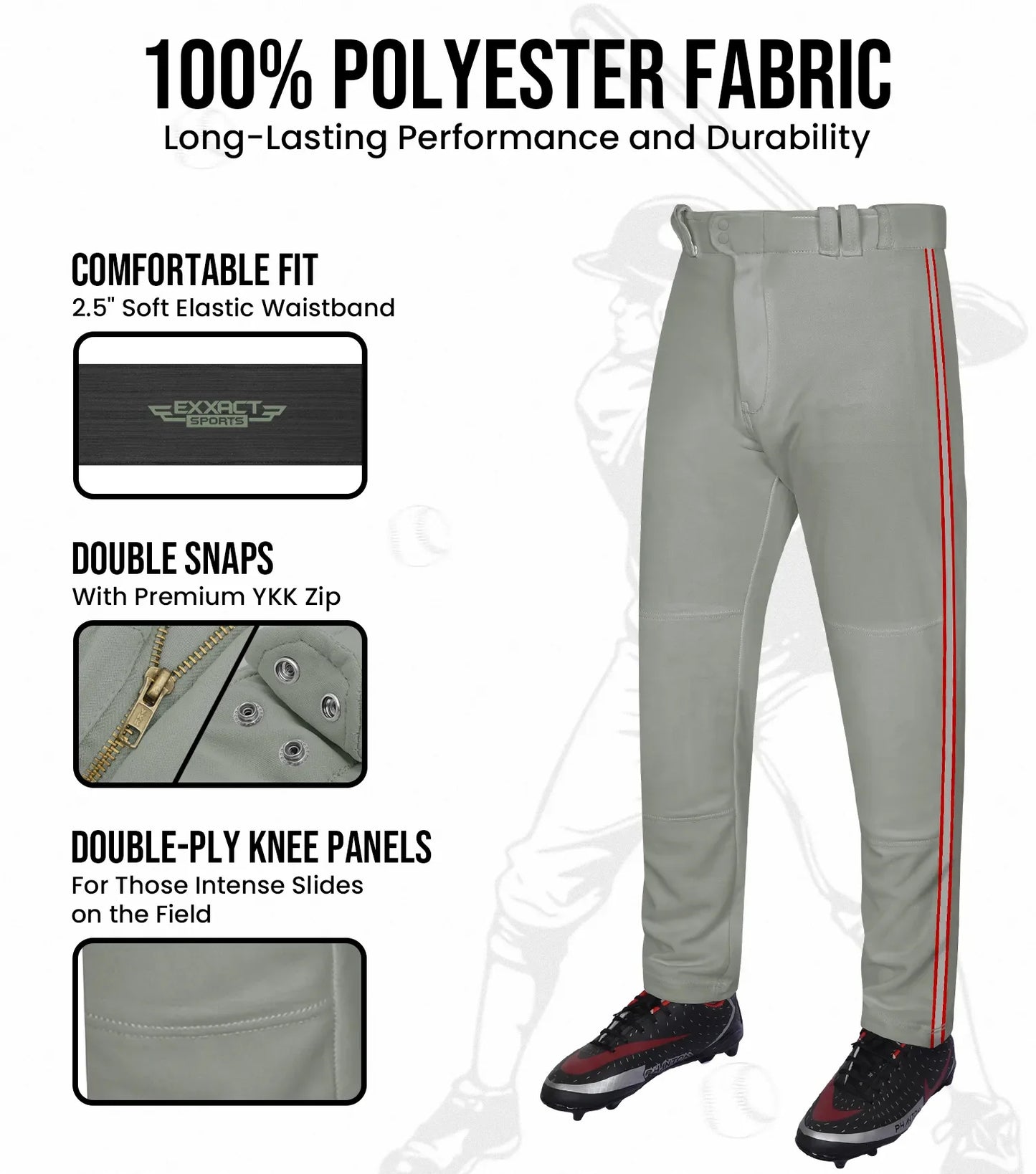Proline Youth Full Length Baseball Pants with Stripes (Gray)