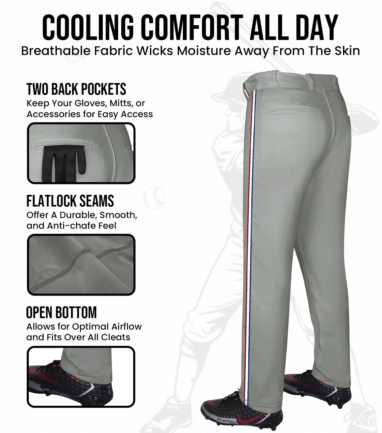 Proline Youth Full Length Baseball Pants with Stripes (Gray)