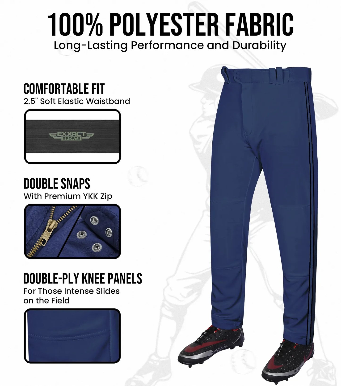 Proline Youth Full Length Baseball Pants with Stripes (Navy)