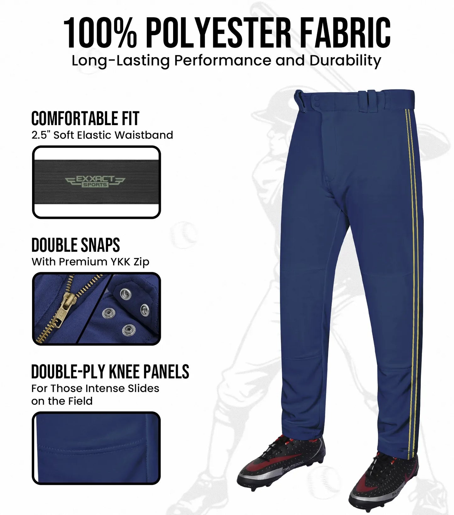 Proline Youth Full Length Baseball Pants with Stripes (Navy)