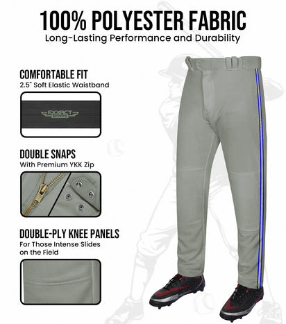 Proline Adult Full Length Baseball Pants with Stripes (Gray)