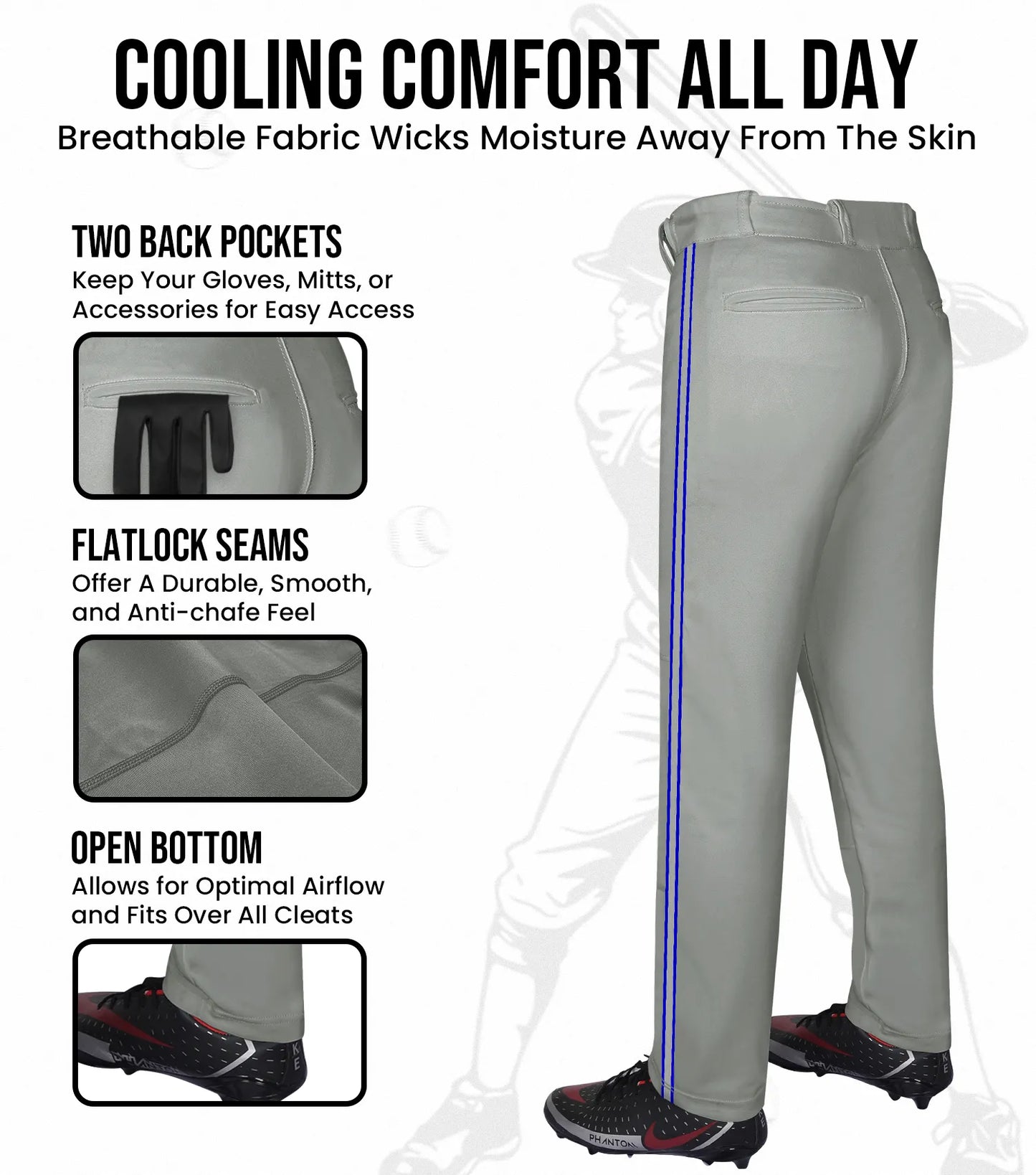 Proline Adult Full Length Baseball Pants with Stripes (Gray)