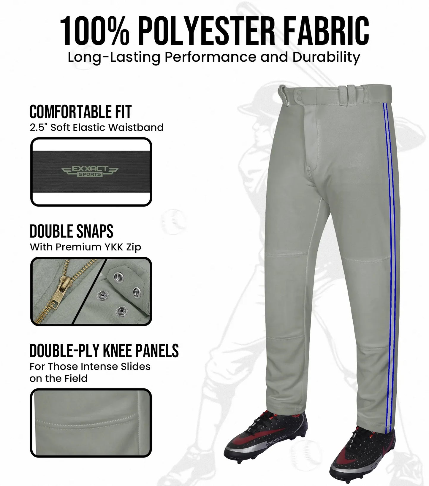 Proline Adult Full Length Baseball Pants with Stripes (Gray)