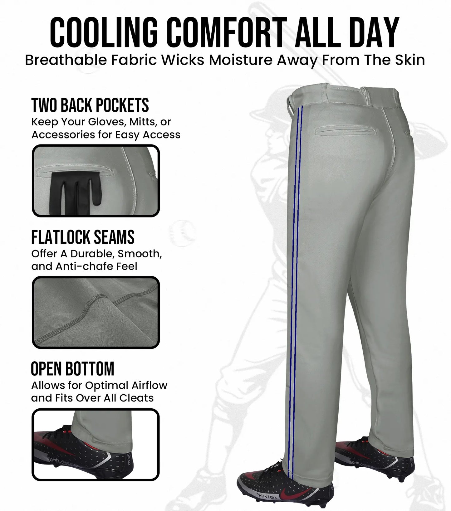 Proline Adult Full Length Baseball Pants with Stripes (Gray)