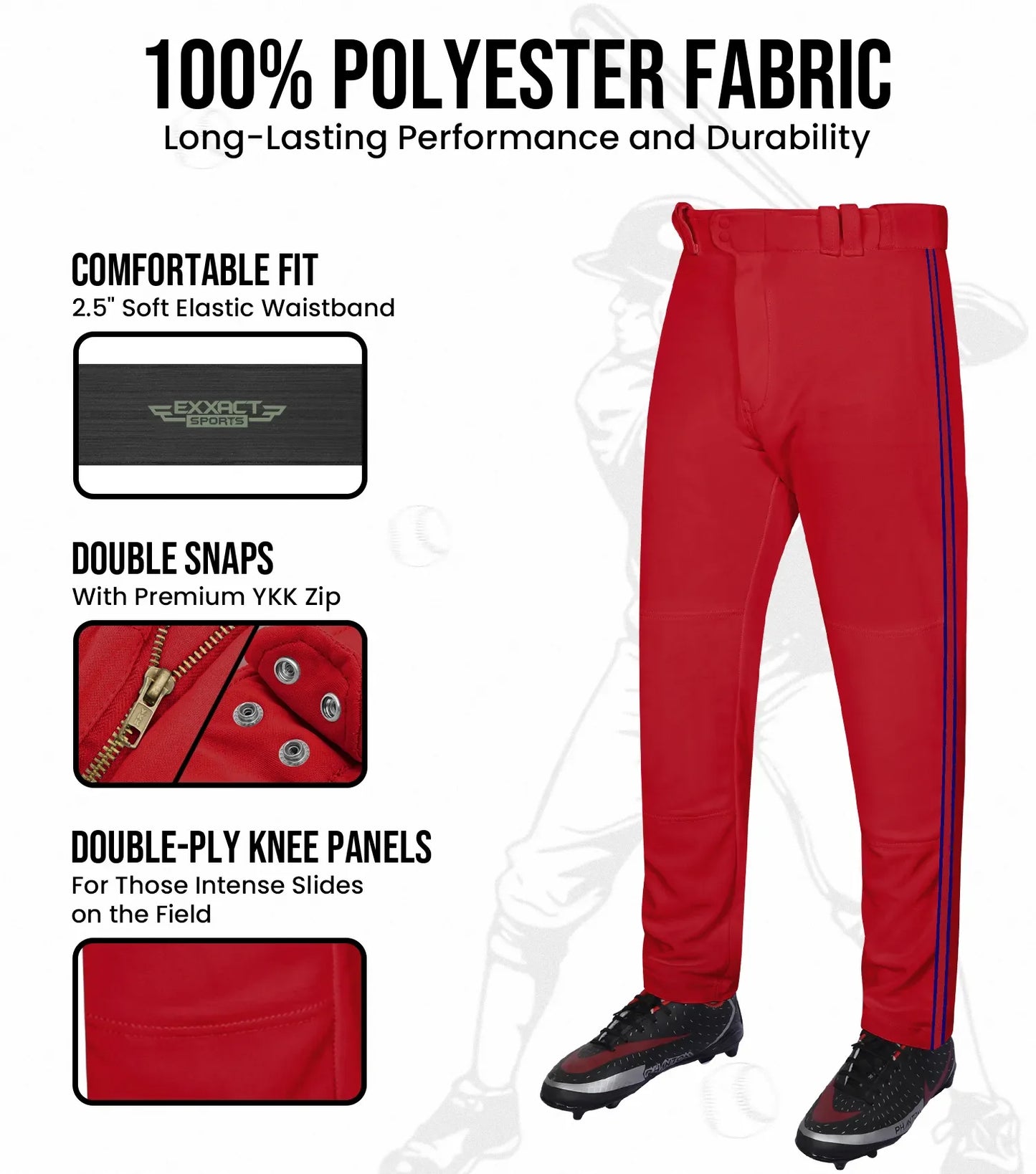 Proline Adult Full Length Baseball Pants with Stripes (Red)